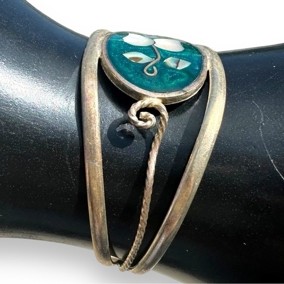 Vintage Mexico Abalone Mother of Pearl Silver Cuff Bracelet - Picture 2 of 4